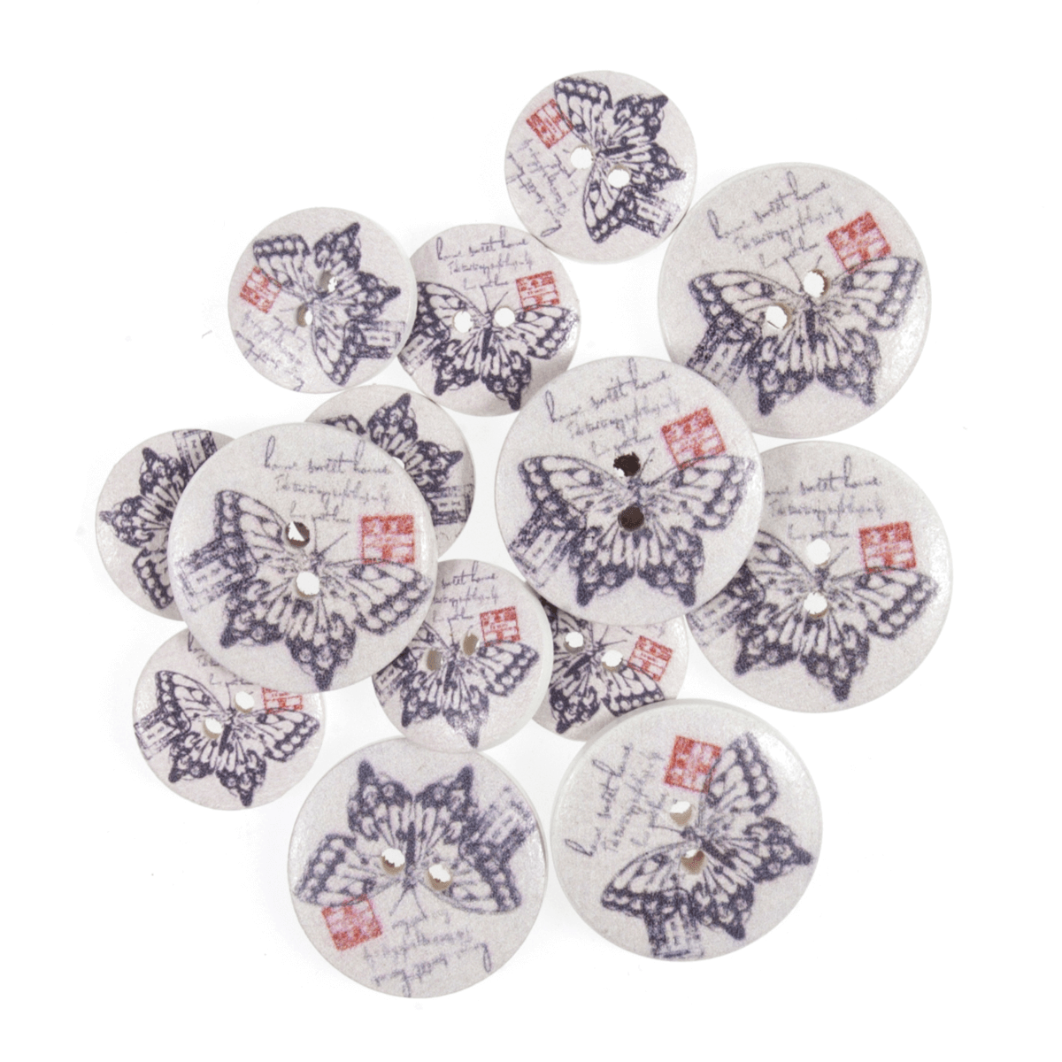 15 x Assorted Lilac Butterfly Stamps Wooden Craft Buttons 18mm - 25mm 