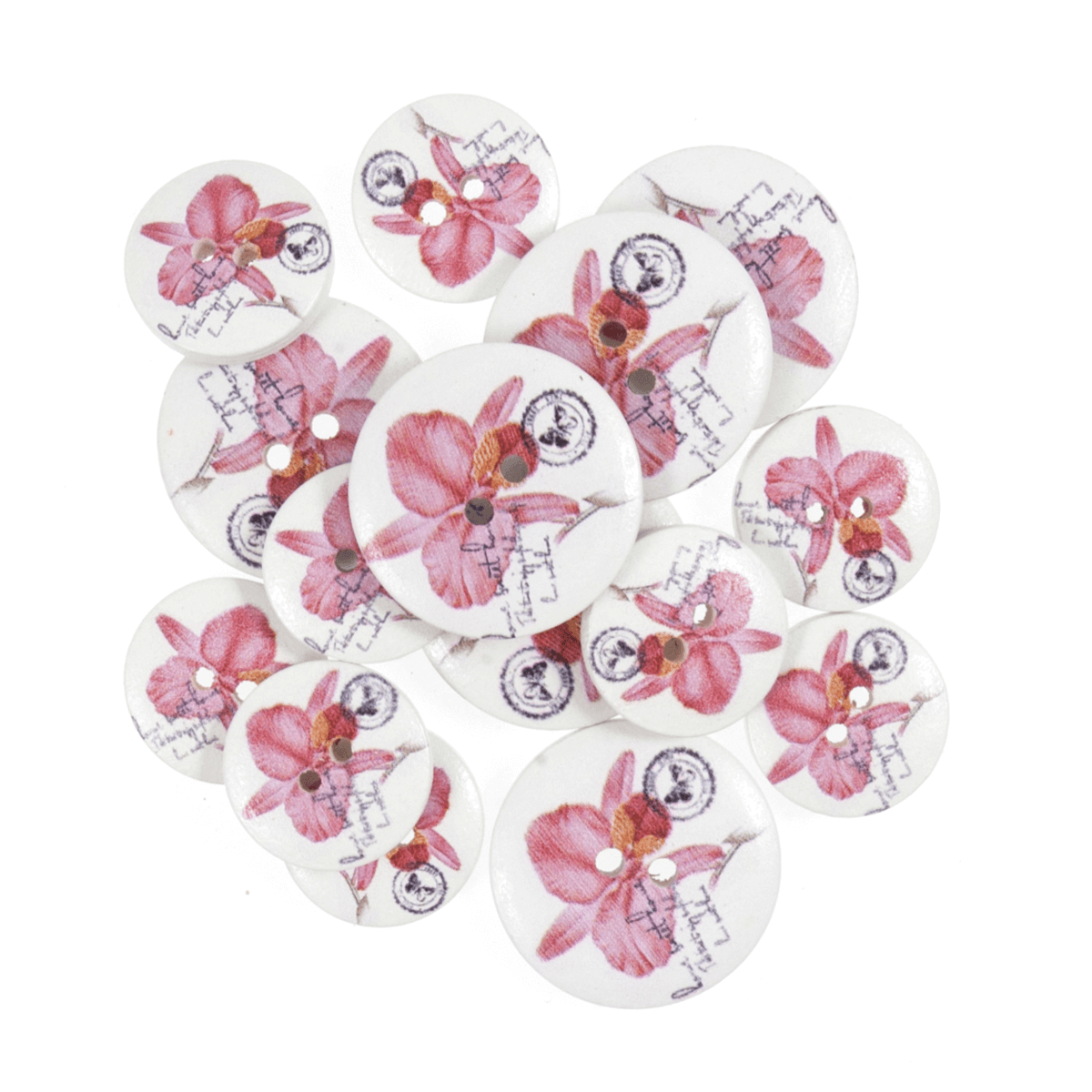 15 x Assorted Floral Pink lily Flowers  Wooden Craft Buttons 18mm - 25mm 