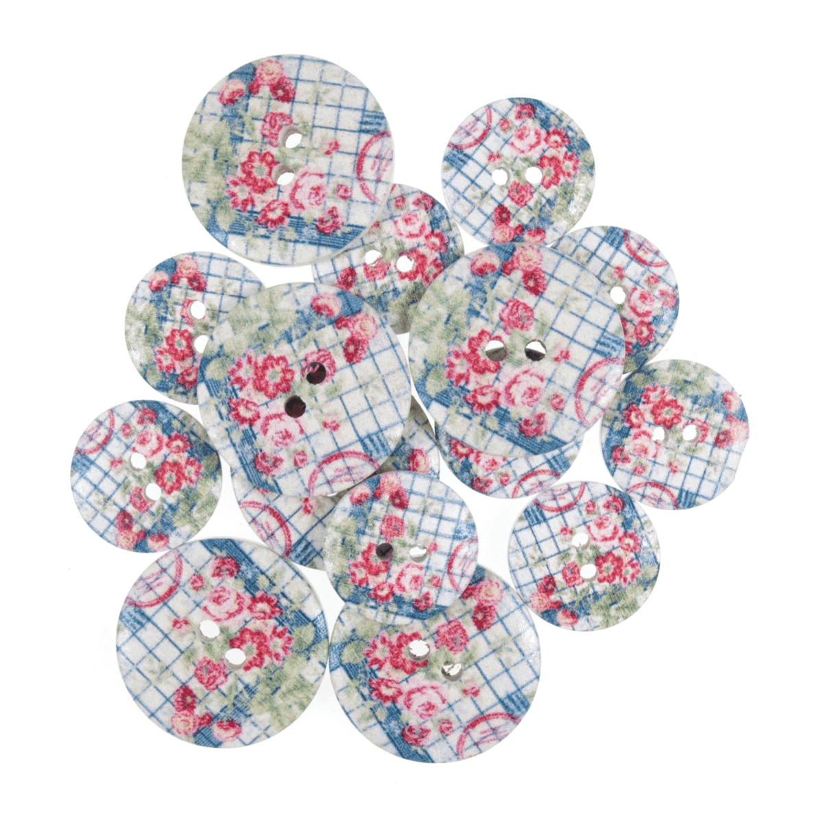 15 x Assorted Check Rose Gingham Wooden Craft Buttons 18mm - 25mm 