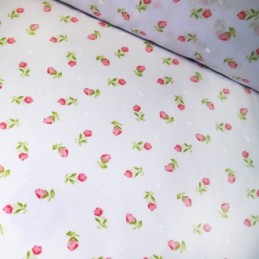 Pink Polycotton Fabric Tulip Roses On White Floral Flowers Garden Summer Meadow