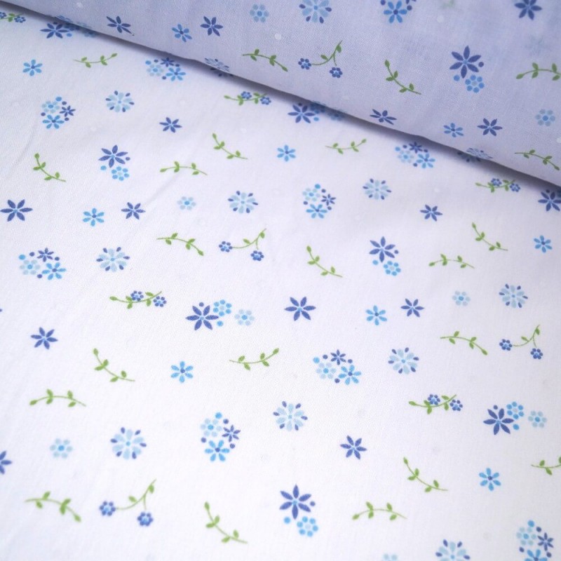 Polycotton Fabric Little Flowers & Small Stems Leaves Floral Petal