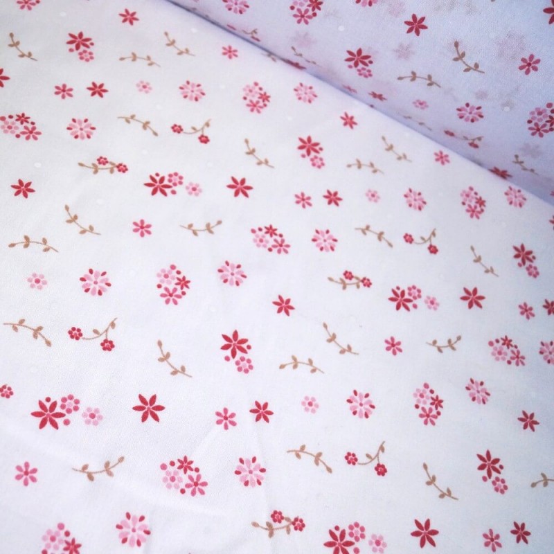 Polycotton Fabric Little Flowers & Small Stems Leaves Floral Petal
