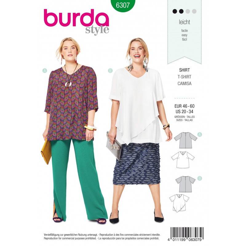 Burda Style Women's Loose Fitting V Neck Top Casual Sewing Pattern 6307