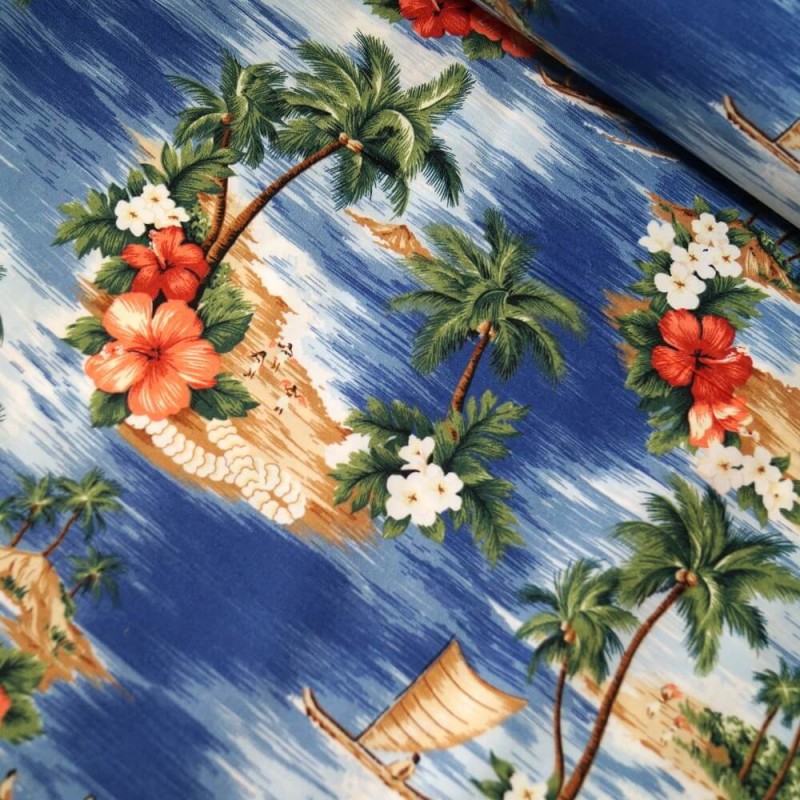 Blue 100% Cotton Poplin Fabric Rose & Hubble Hawaiian Island Tropical Floral Flower