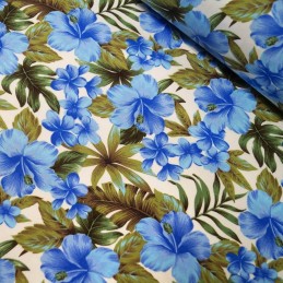 Blue/ Ivory 100% Cotton Poplin Fabric Rose & Hubble Tropical Island Hibiscus Floral Flower