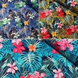 100% Cotton Poplin Fabric Rose & Hubble Tropical Leaves Flowers Floral