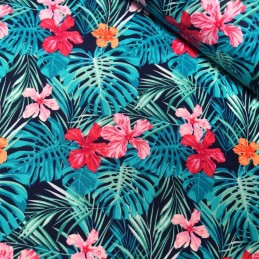 Navy/ Fuchsia 100% Cotton Poplin Fabric Rose & Hubble Tropical Leaves Flowers Floral