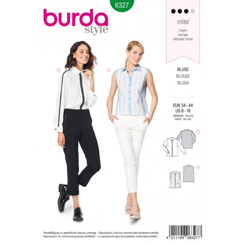 Burda Style Misses' Shirt in Blouse Style Top Cuffed Sleeves Sewing Pattern 6327