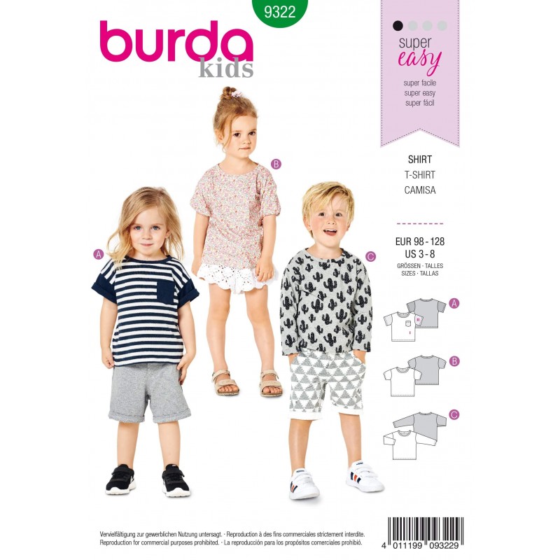 Burda Style Child's Casual Tops Unisex T-Shirt Sewing Pattern 9322