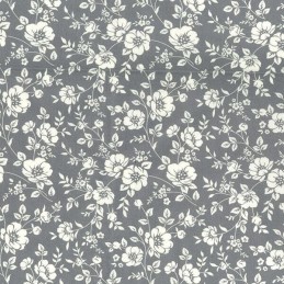 Grey Ivory 100% Cotton Poplin Fabric Rose & Hubble White Blooming Flowers