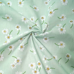 Polycotton Fabric Polka Dot Daisies Flowers Floral Spots Dots Light Green
