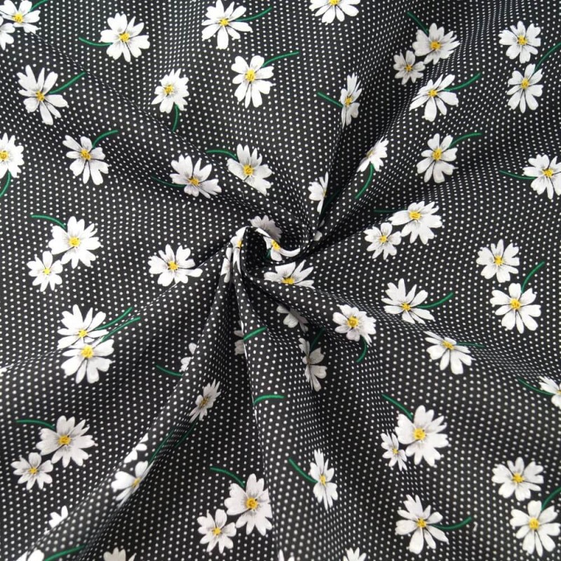 Polycotton Fabric Polka Dot Daisies Flowers Floral Spots Dots Black