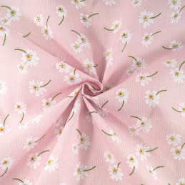 Polycotton Fabric Polka Dot Daisies Flowers Floral Spots Dots Pink