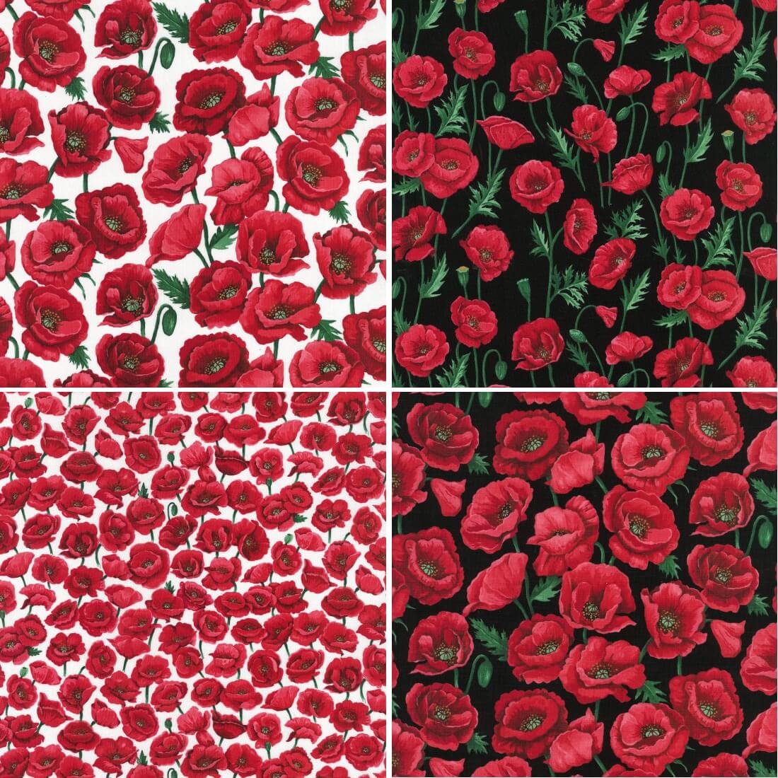 Blossom Black 100% Cotton Fabric Nutex Poppies Poppy Floral Flowers Collection