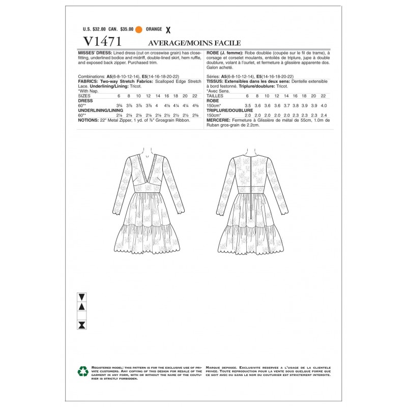 Vogue Sewing Pattern V1471 Women's Dress with Lace Overlay and Plun...
