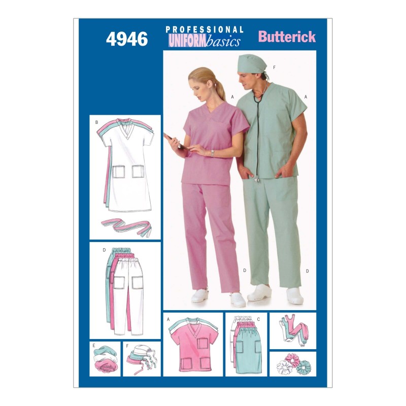 Butterick Sewing Pattern 4946 Unisex Nurse Uniforms Dress Top Skirt Trousers