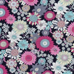 Navy 100% Cotton Poplin Fabric Rose & Hubble Bobby's Sunflowers Floral Flower