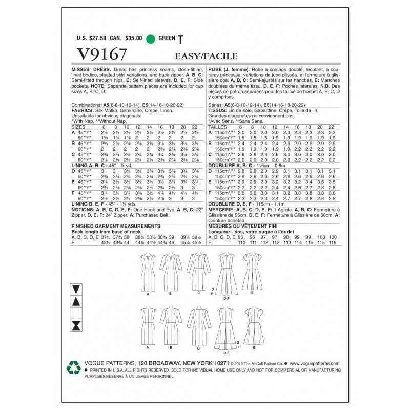 Vogue Sewing Pattern V9167 Women's NotchNeck PrincessSeam Dress