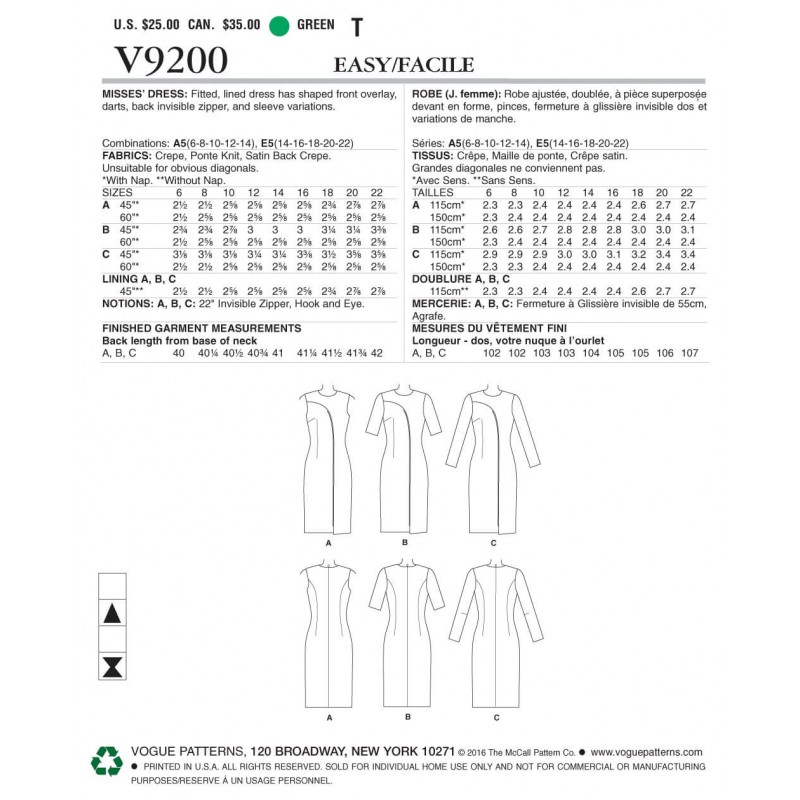 Vogue Sewing Pattern V9200 Women's Asymmetrical Overlay Dresses