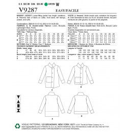 Vogue Sewing Pattern V9287 Women's Jacket With Stand Collar & Extended Placket