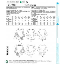 Vogue Sewing Pattern V9301 Women's Top With Neck & Sleeve Variations