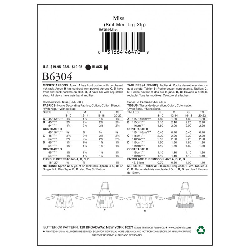 Butterick Sewing Pattern 6304 Misses' Aprons