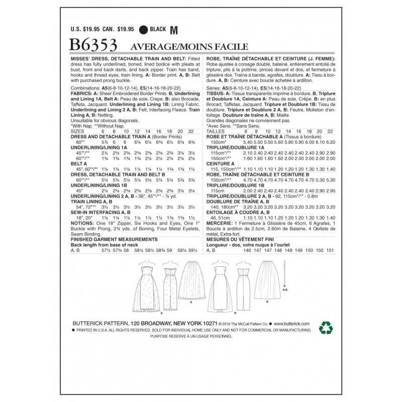 Butterick Sewing Pattern 6353 Misses' Strapless Dress Detachable Tr...