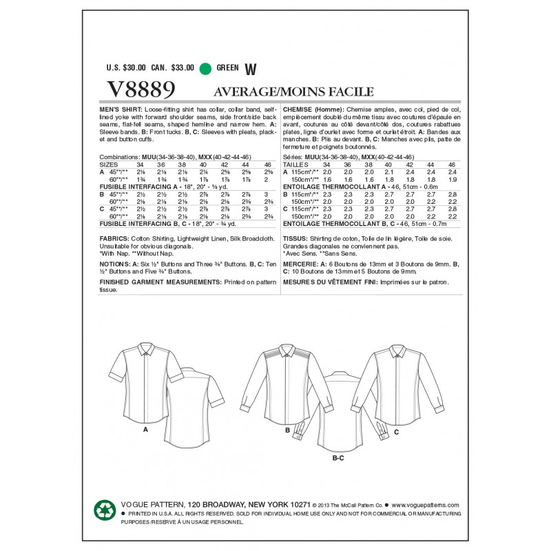 Vogue Sewing Pattern V8889 Men's Shirt