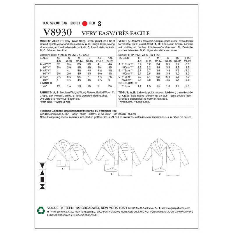 Vogue Sewing Pattern V8930 Women's Wrap Jacket Coat