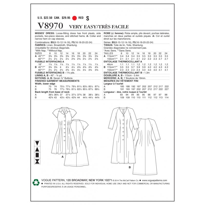 Vogue Sewing Pattern V8970 Women's Buttoned Dress With Pleats