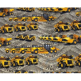 SALE 100% Cotton Fabric Caterpillar Diggers Big Machinery Construction Trucks
