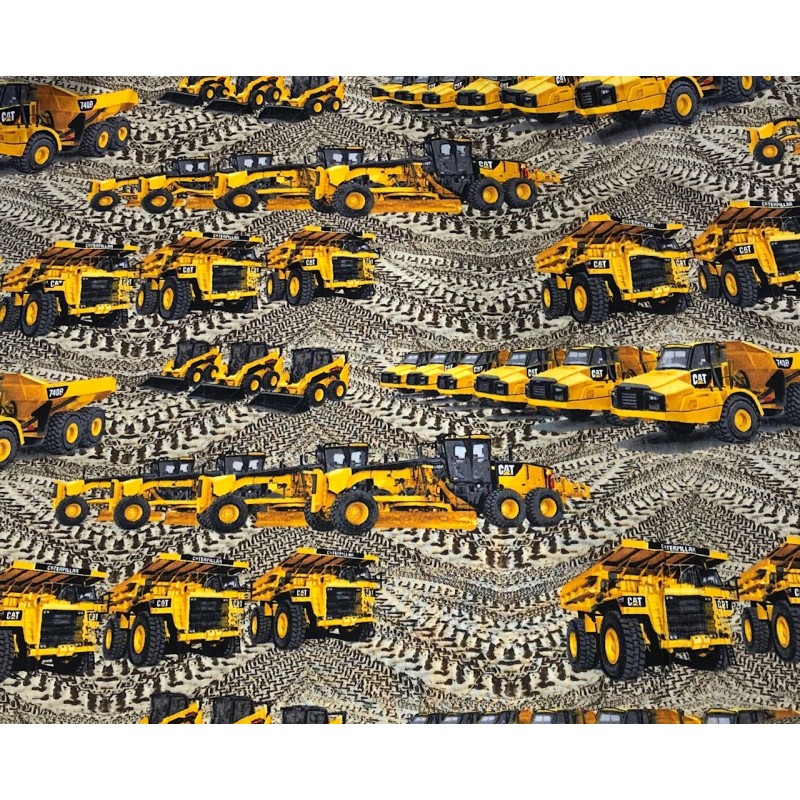 SALE 100% Cotton Fabric Caterpillar Diggers Big Machinery Construction Trucks
