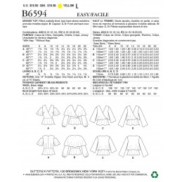 Butterick Sewing Pattern 6594 Misses' Tops with Sleeve & Overlay Options