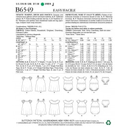 Butterick Sewing Pattern 6549 Infants Romper, Dress And Panties