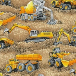 Beige 100% Cotton Patchwork Fabric Nutex Construction Trucks & Diggers Eartmovers