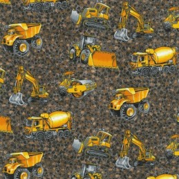 Brown 100% Cotton Patchwork Fabric Nutex Construction Trucks & Diggers Eartmovers
