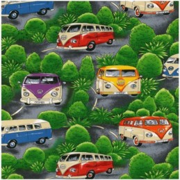 Green 100% Cotton Patchwork Fabric Nutex On Tour VW Camper Vans