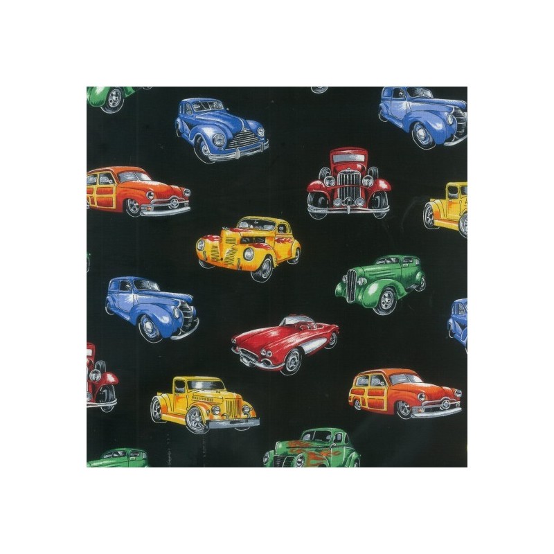 Col.2 Black 100% Cotton Patchwork Fabric Nutex Hot Rods Vintage Amercian Cars