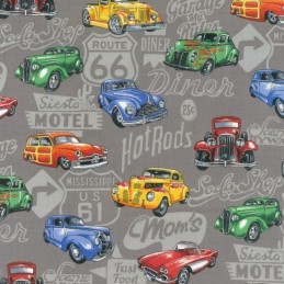 Col.1 Multi 100% Cotton Patchwork Fabric Nutex Hot Rods Vintage Amercian Cars
