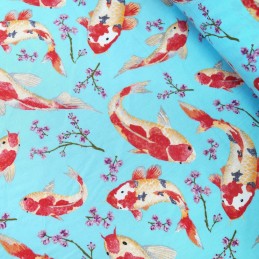 Blue 100% Cotton Poplin Fabric Rose & Hubble Aquatic Pond Life Japanese Koi Fish