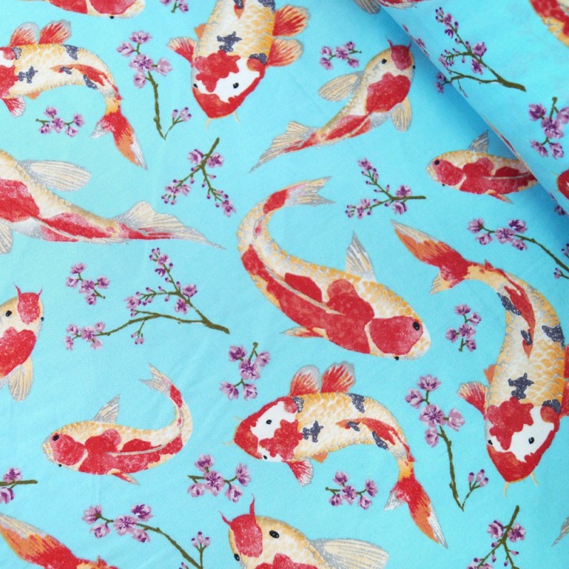 100% Cotton Poplin Fabric Rose & Hubble Aquatic Pond Life Japanese Koi Fish