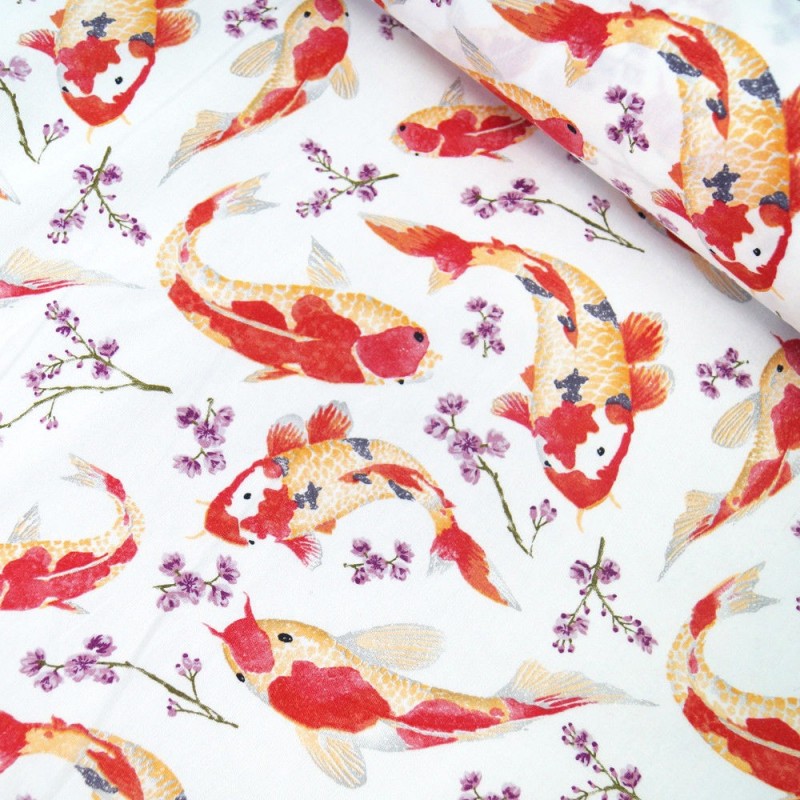 100% Cotton Poplin Fabric Rose & Hubble Aquatic Pond Life Japanese Koi Fish