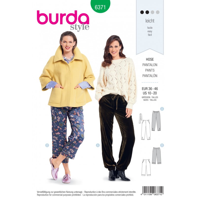 Burda Style Misses' Loose Fitting Slip On Trousers Sewing Pattern 6371