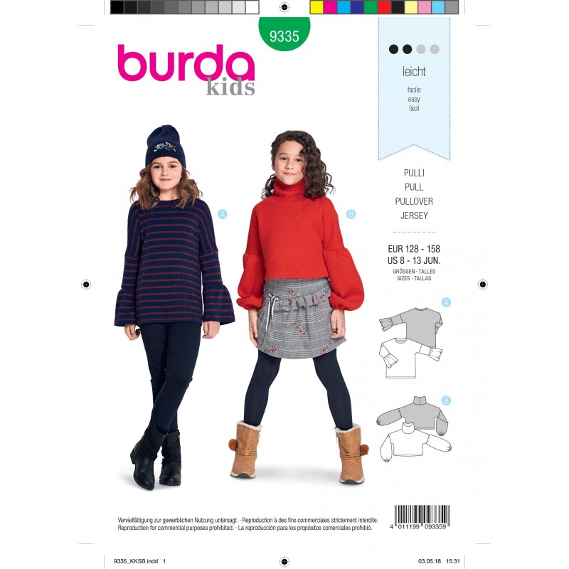 Burda Style Child's Fashionable Pullover Jumper with Sleeve Options Sewing Pattern 9335