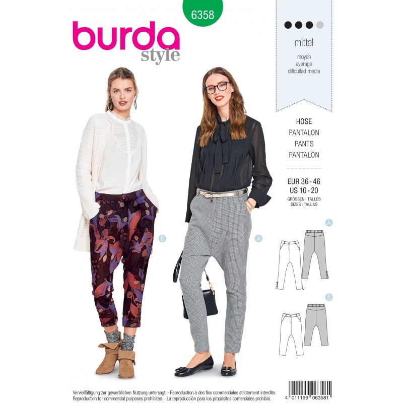 Burda Style Misses' Loose Fitting Low Crotch Trendy Trousers Sewing Pattern 6358