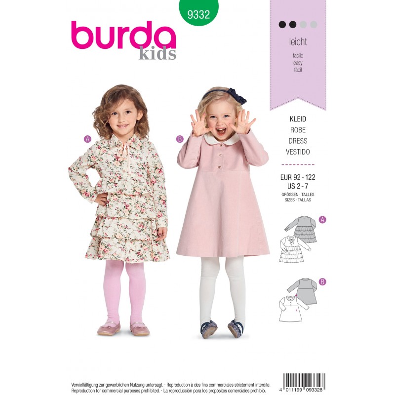 Burda Style Child's and Toddler's Button Up Dress Sewing Pattern 9332