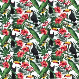 White 100% Cotton Poplin Fabric Rose & Hubble Toucan Birds Perched Fern Leaves