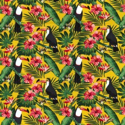 Yellow 100% Cotton Poplin Fabric Rose & Hubble Toucan Birds Perched Fern Leaves