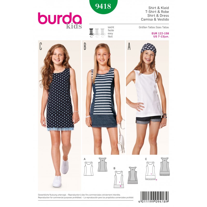 Burda Style Children's Casual Summer Shirt Sewing Pattern 9418