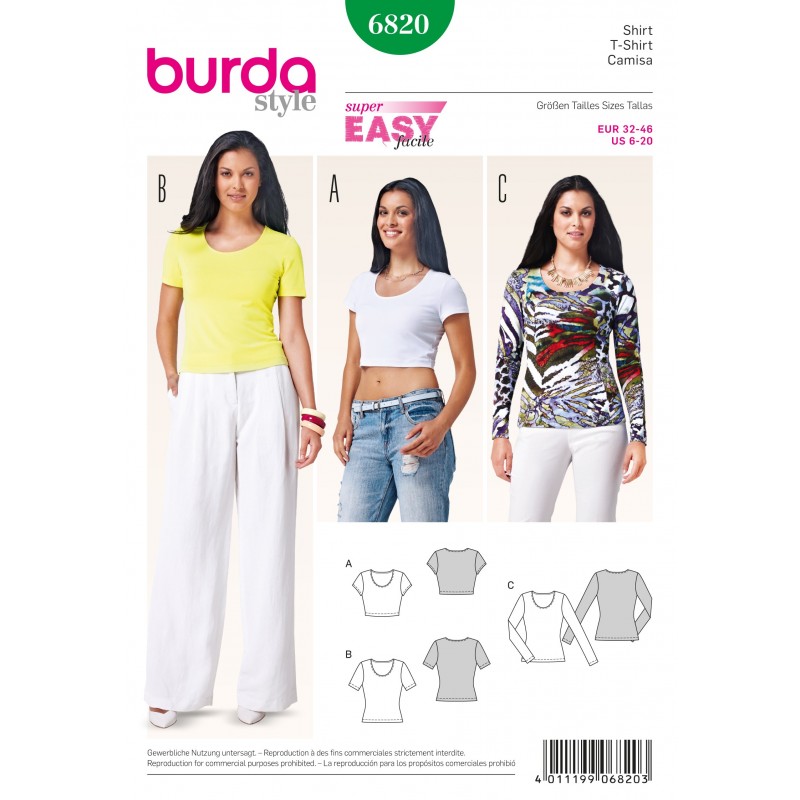 Burda Style Misses' Stylish Basic T-Shirt for Summer Sewing Pattern 6820